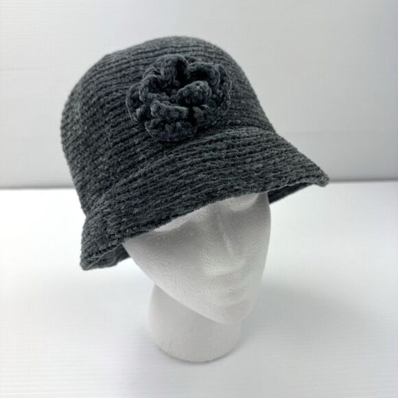 August T Gray Chenille Cloche Bucket Hat Flower Accent Winter Warm Soft Acrylic - Picture 2 of 10